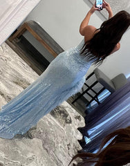 Sexy Glitter V Neck Mermaid Blue Long Prom Dress