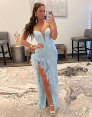 Sexy Glitter V Neck Mermaid Blue Long Prom Dress