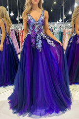 Gorgeous A Line V Neck Purple Tulle Long Prom Dress with Appliques