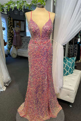 Straps Plunging Neck Long Sequins Prom Dress with Slit