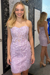 Lavender Strapless Appliques Sheath Homecoming Dress