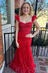 Gorgeous Mermaid Sweetheart Red Corset Prom Dress with Appliques