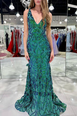 Sparkly Mermaid V Neck Green Sequins Long Prom Dress