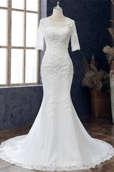 White Appliqués Jewel Half Sleeve Mermaid Wedding Dress