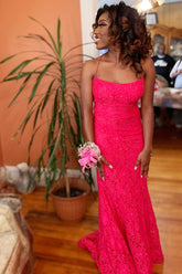 Spaghetti Straps Hot Pink Lace Mermaid Prom Dress