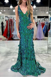 Sparkly Mermaid V Neck Green Sequins Long Prom Dress