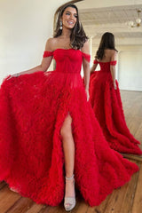 Stunning Princess A-Line Off The Shoulder Long Ruffle Tulle Prom Dress With Split