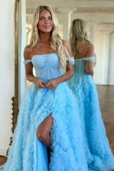 Stunning Princess A-Line Off The Shoulder Long Ruffle Tulle Prom Dress With Split