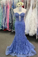 Glitter Blue Mermaid Sweetheart Long Prom Dress with Appliques