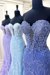 Glitter Blue Mermaid Sweetheart Long Prom Dress with Appliques