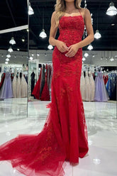 Hot Mermaid Spaghetti Straps Red Long Prom Dress with Criss Cross Back