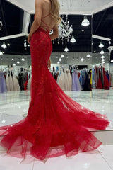 Hot Mermaid Spaghetti Straps Red Long Prom Dress with Criss Cross Back