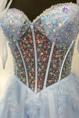 Princess A Line Spaghetti Straps Light Blue Corset Prom Dress with Beading