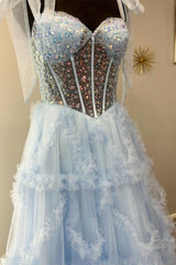 Princess A Line Spaghetti Straps Light Blue Corset Prom Dress with Beading