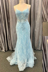 Spaghetti straps Light Blue Appliqued Long Prom Dress