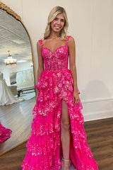 Sparkly Hot Pink A-Line Off The Shoulder Long Tiered Prom Dress With Appliques