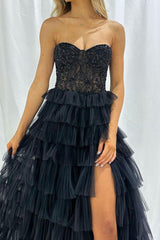 Stylish A Line Sweeteart Black Corset Prom Dress with Ruffles