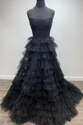 Sweet A-Line Strapless Long Tiered Glitter Tulle Prom Dress