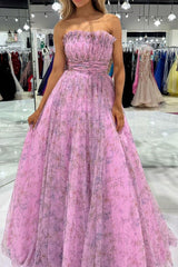 Gorgeous A Line Strapless Pink Floral Printed Long Prom Dress with Ruffles