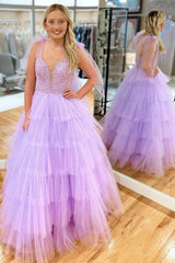 Princess A Line Spaghetti Straps Lilac Long Prom Dress with Appliques Ruffles