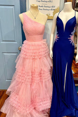 Stylish A Line One Shoulder Pink Long Prom Dress with Ruffles