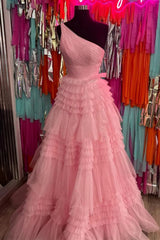 Stylish A Line One Shoulder Pink Long Prom Dress with Ruffles