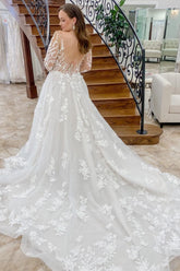 White Appliques Long Sleeve Backless Long Wedding Dress