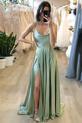 Simple A Line Spaghetti Straps Light Green Long Prom Dress with Silt