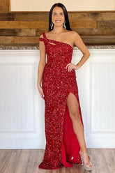 Mermaid One Shoulder Red Sequins Long Prom Dress with Silt