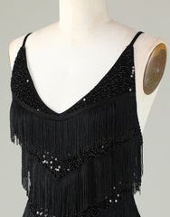 Gorgeous Black V-Neck Tight Tassel Homecoming Dress