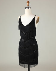 Gorgeous Black V-Neck Tight Tassel Homecoming Dress