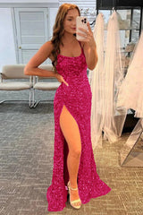 Mermaid Glitter Sequins Sexy Hot Pink Backless Long Prom Dress