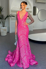 Sparkly Mermaid Deep V Neck Orange Sequins Long Prom Dress with Backless