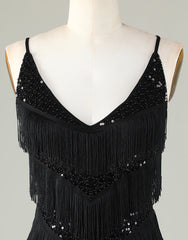 Gorgeous Black V-Neck Tight Tassel Homecoming Dress