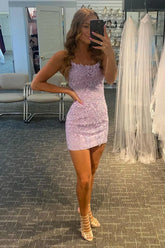 Sheath Spaghetti Straps Purple Short Homecoming Dress with Appliques