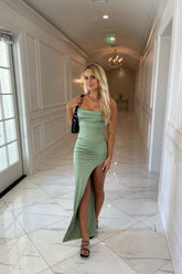 Sheath Spaghetti Straps Green Long Prom Dress with Split Front
