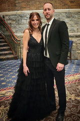 Gorgeous A Line V Neck Fuchsia/Royal Blue Long Prom Dress with Appliques