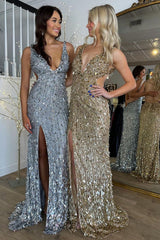 Sparkly Mermaid V Neck Golden/Silver Sequins Long Prom Dress with Split Front