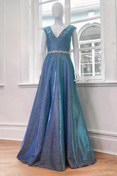 Sparkle V-Neck Sleeveless Long Prom Dress with Beaded Belt