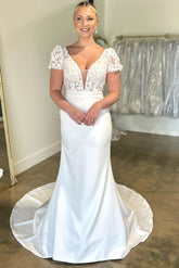 White Floral Applique Plunge V Long Wedding Dress with Short Sleeves