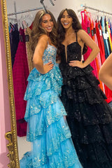 Luxurious A Line Spaghetti Straps Black Corset Prom Dress with Ruffles