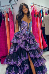 Luxurious A Line Spaghetti Straps Black Corset Prom Dress with Ruffles