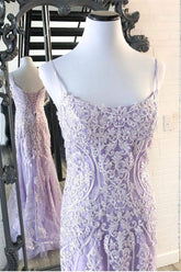 Mermaid Spaghetti Straps Lavender Lace Long Prom Dress