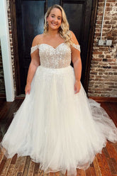 White Floral Lace Off-the-Shoulder A-Line Wedding Dress