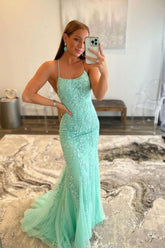 Mermaid Spaghetti Straps Green Long Prom Dress with Appliques