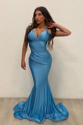 Sexy Mermaid V Neck Blue Long Prom Dress Party Dress