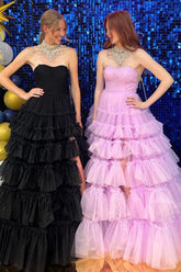 Stylish A Line Strapless Pink/Black Long Prom Dress with Ruffles