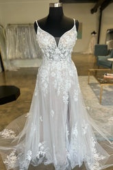 Ivory Floral Lace Spaghetti Strap Long Bridal Gown
