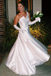 Asymmetrical White Satin A-Line Long Wedding Dress