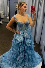 Princess A Line Sweetheart Blue Corset Prom Dress with Lace Ruffles